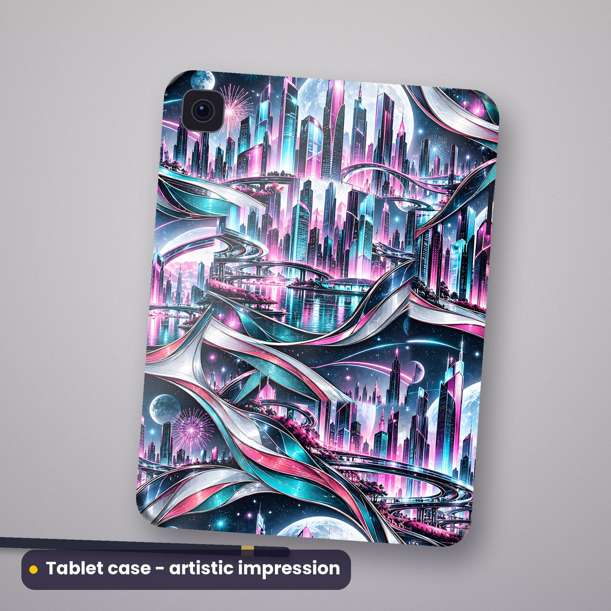 Artistic impression of seamless artwork printed on a tablet case back