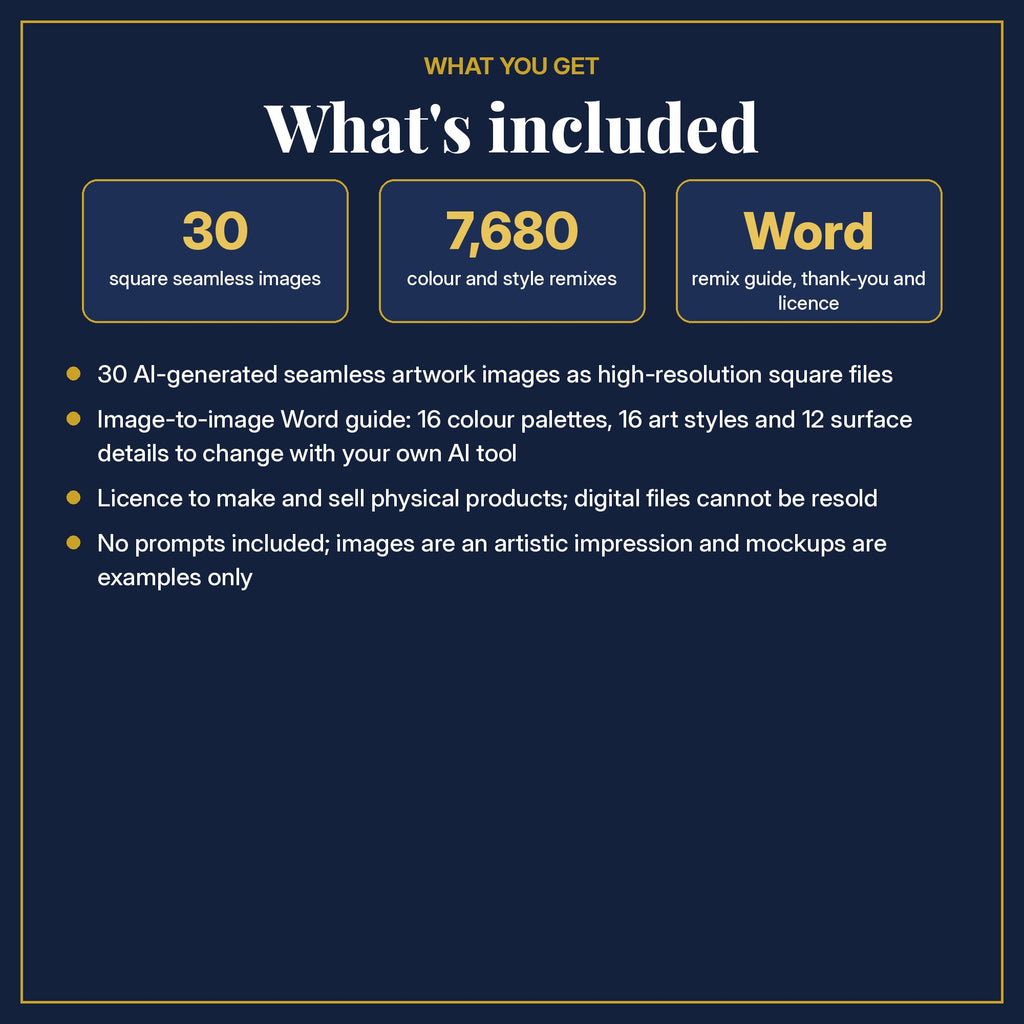 What's included: 30 square seamless images, 7,680 colour and style remixes, a Word remix guide, thank-you note and licence