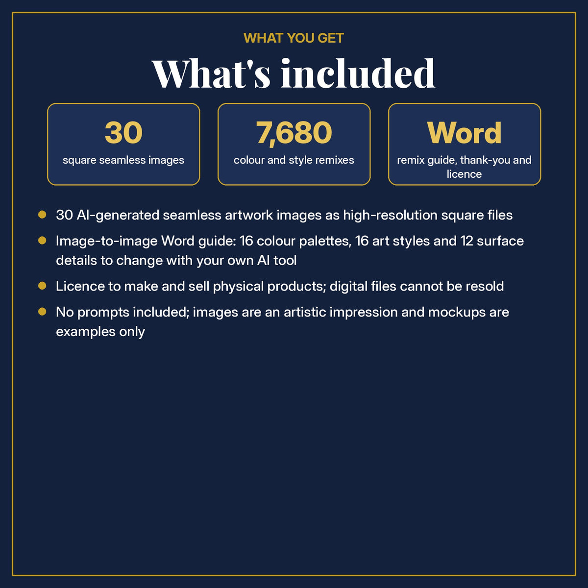What's included: 30 square seamless images, 7,680 colour and style remixes, a Word remix guide, thank-you note and licence