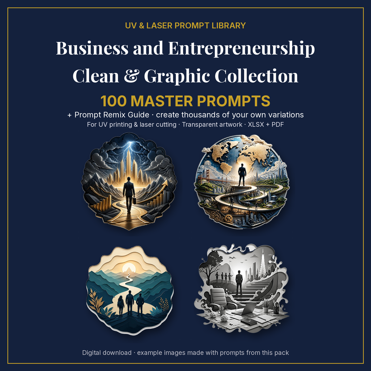 Cover: Business and Entrepreneurship Clean & Graphic Collection, 100 master prompts + Prompt Remix Guide