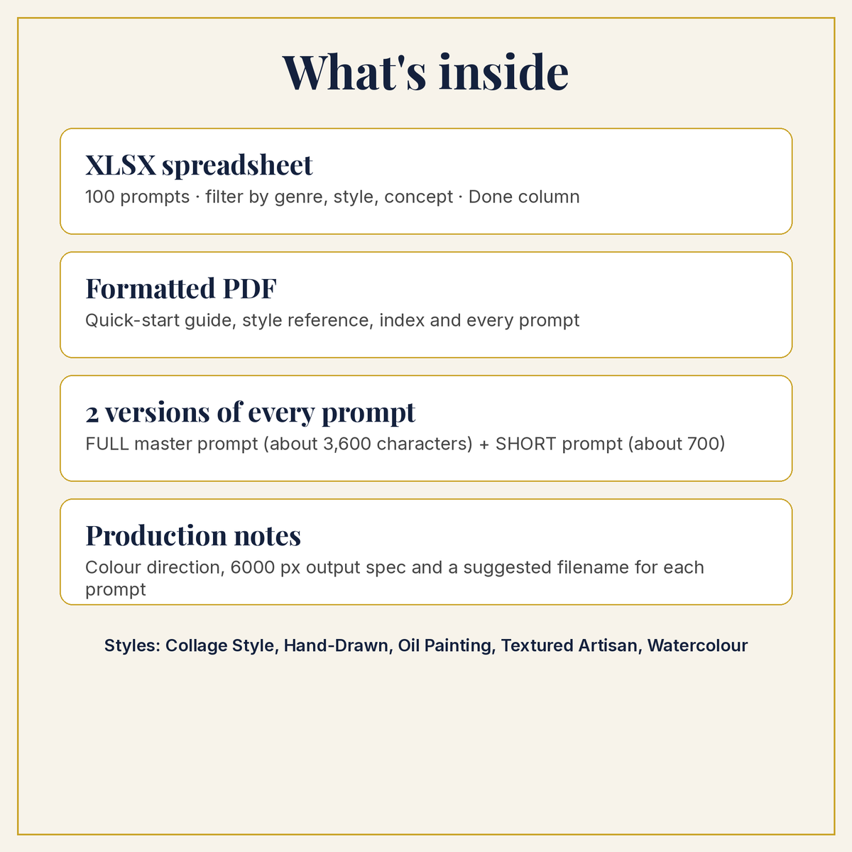 What is inside the download: XLSX, PDF, full and short prompts
