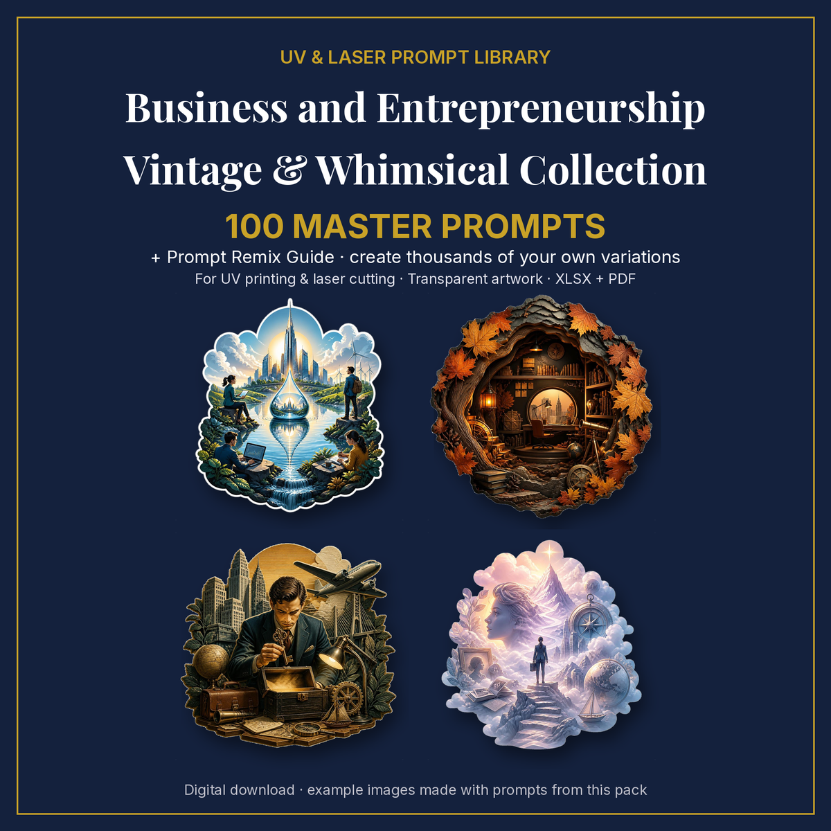 Cover: Business and Entrepreneurship Vintage & Whimsical Collection, 100 master prompts + Prompt Remix Guide