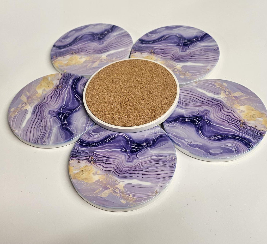 AI24066C Lilac Violet & Gold Marble effect -  Round Ceramic Coasters- Set of 6, gift for all occasions, Designed and made in Britain