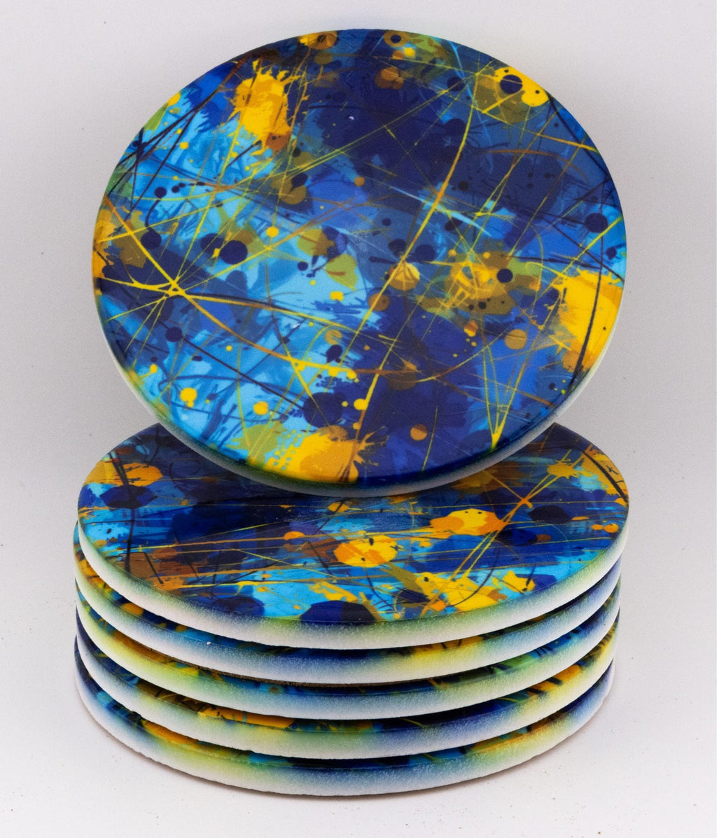 AI24010C Chaotic Blue & Yellow abstract effect Round Ceramic Coasters- Set of 6, gift for all occasions, six unique designs.