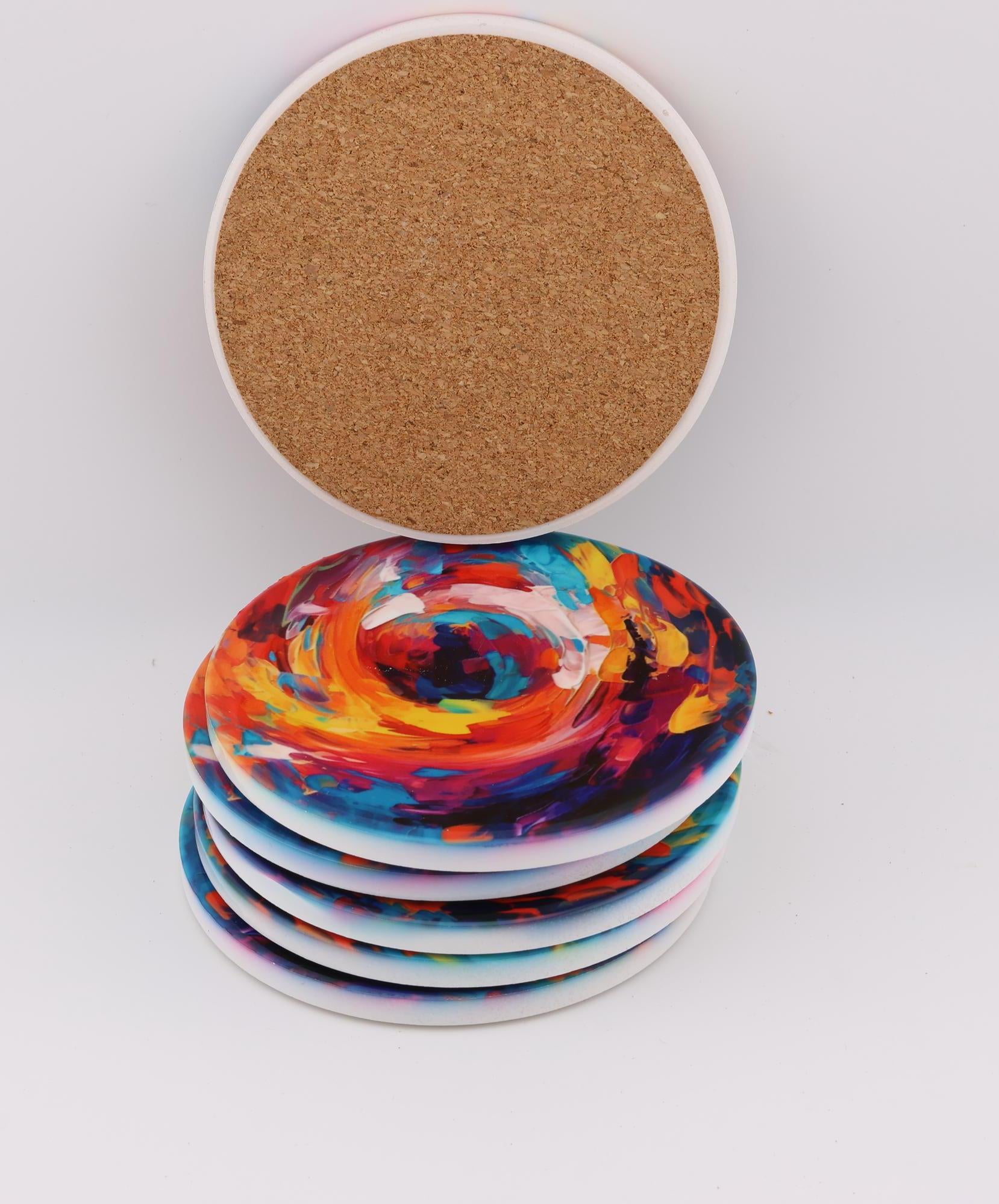 AI24048C Abstract Vortex No9   Multi coloured Round Ceramic Coasters- Set of 6, gift for all occasions, Designed and made in Britain