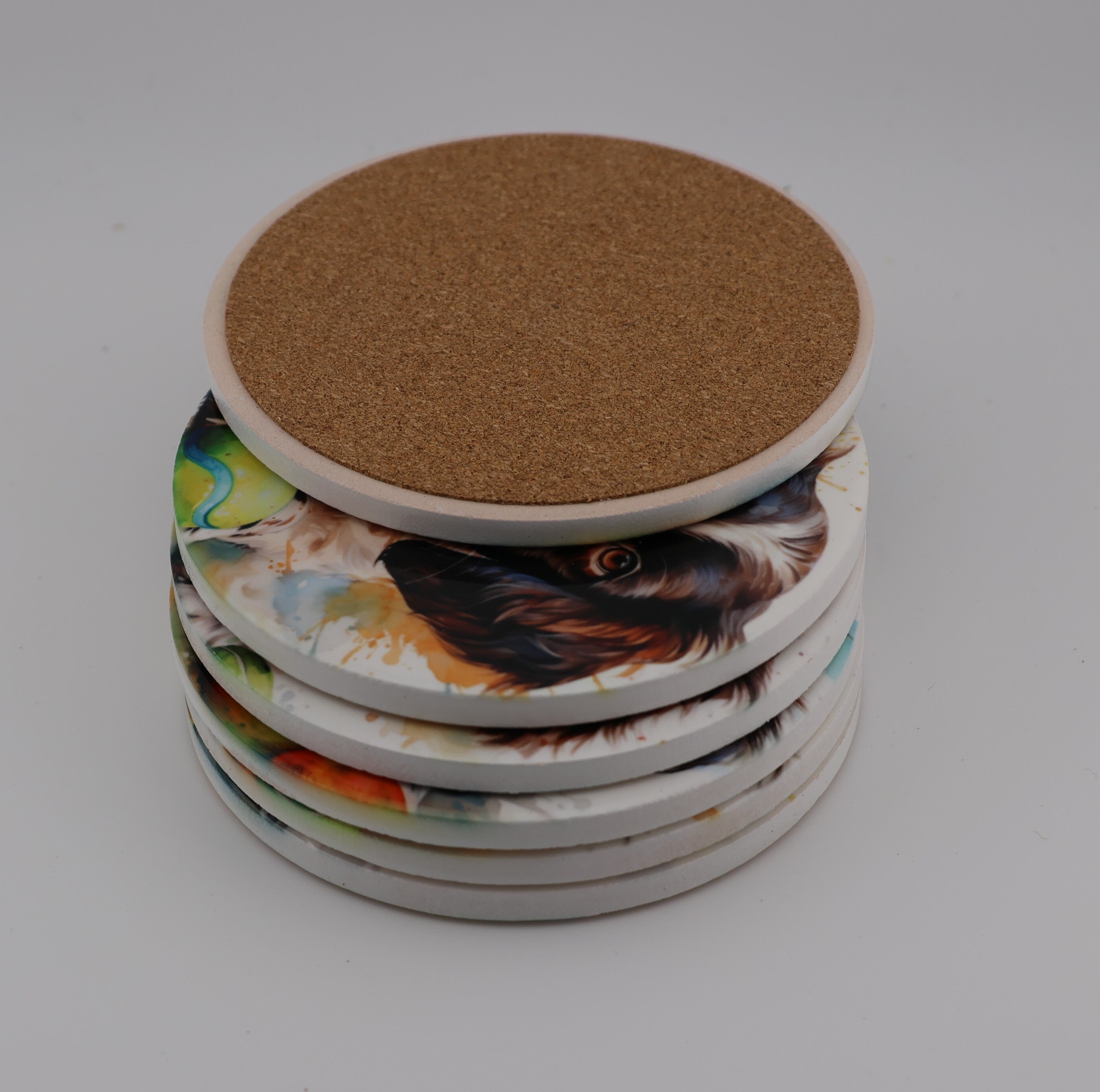 Springer Spaniel Puppy Printed Watercolour effect Round Ceramic Coasters-  Set of 6, colourful, gift for all occasions, six unique designs.