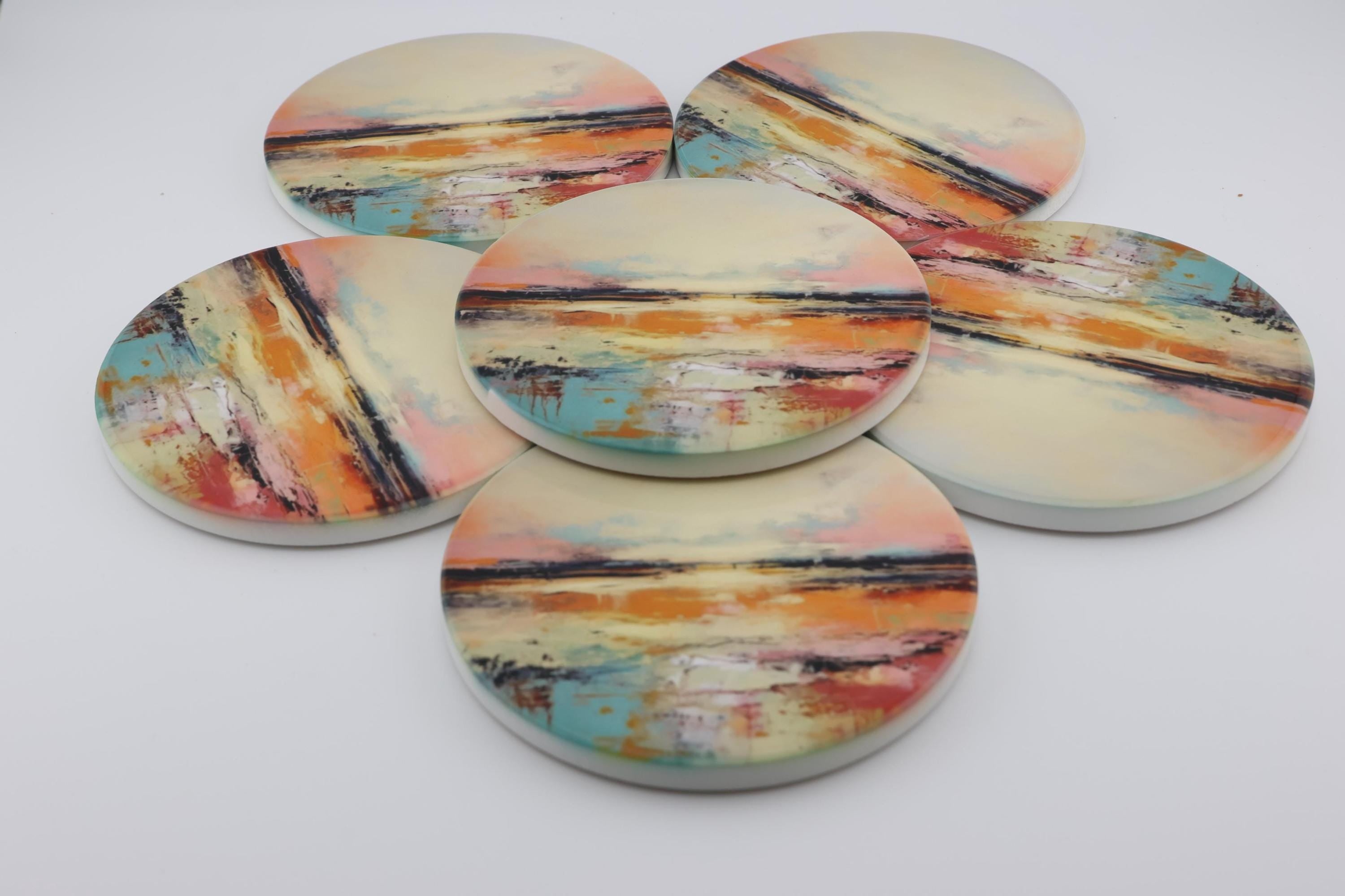 AI24079C Abstract Minimalist Watercolour Landscape - Multi coloured Round Ceramic Coasters- Set of 6,gift for all occasions, Made in Britain