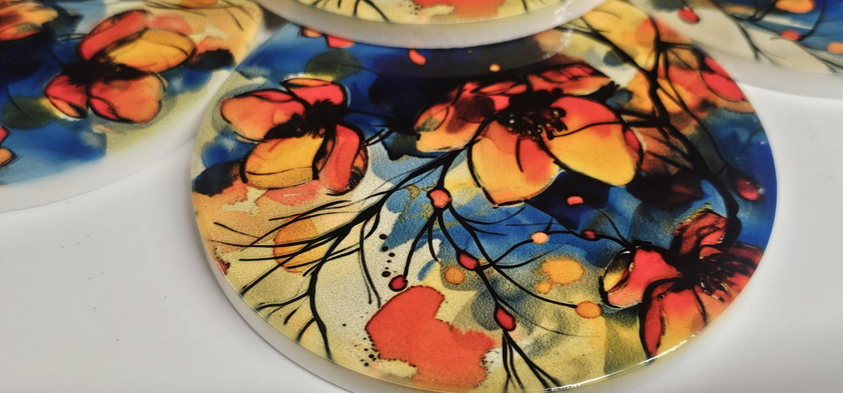 AI24053C Watercolour WildFlower Meadow -  Round Ceramic Coasters- Set of 6, gift for all occasions, Designed and made in Britain