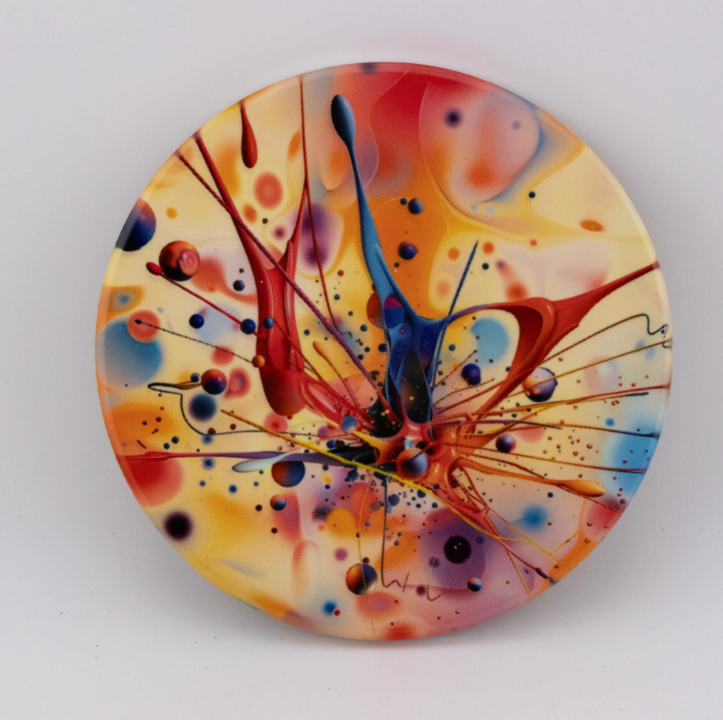 AI24016C Acrylic Oil Splash No5 - Multi coloured Round Ceramic Coasters- Set of 6, gift for all occasions, Designed and made in Britain