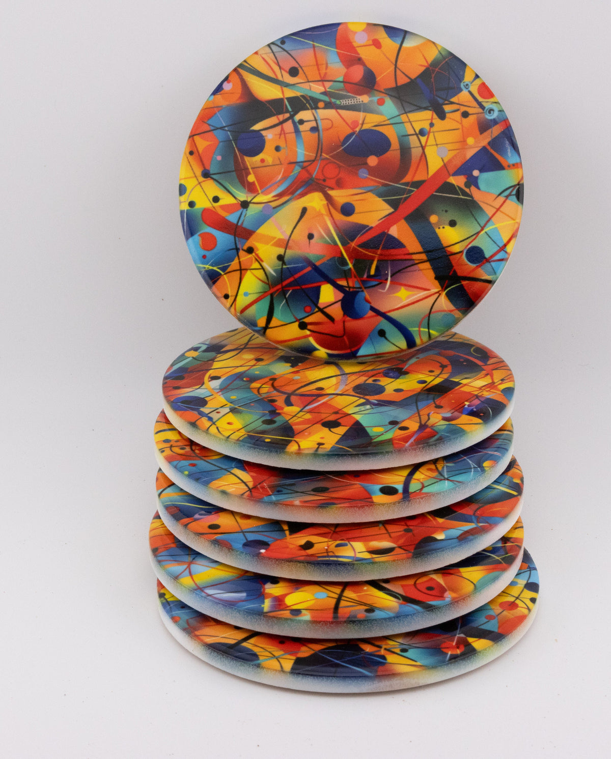 AI24035C Chaotic Watercolour Abstract Effect Round Ceramic Coasters- Set of 6, colourful, gift for all occasions, six unique designs.