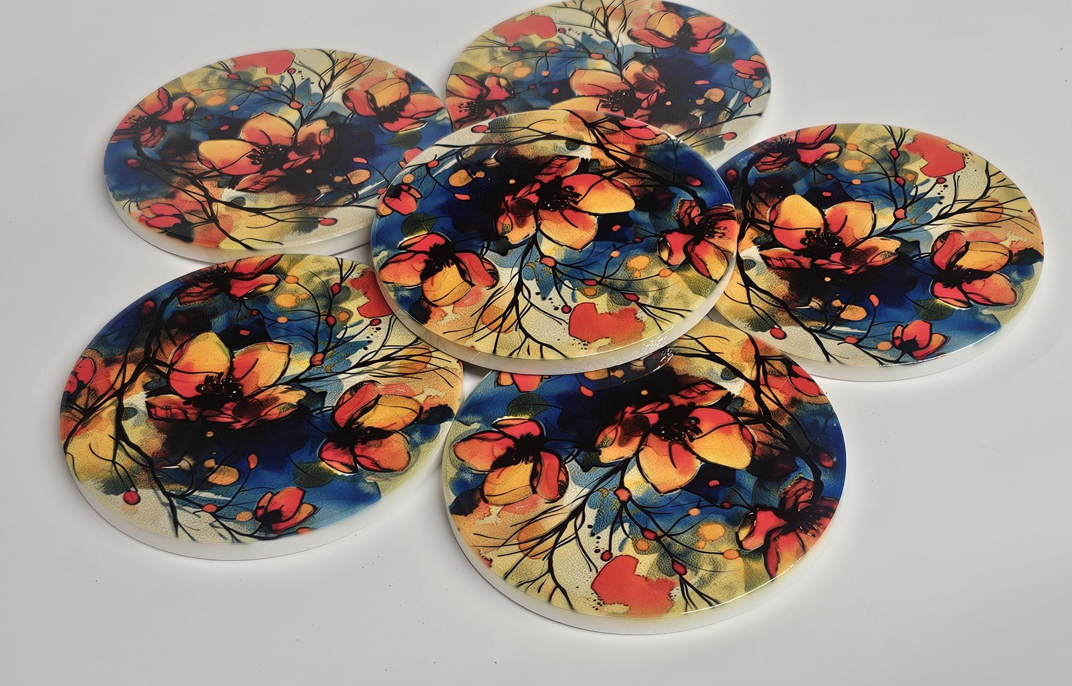 AI24053C Watercolour WildFlower Meadow -  Round Ceramic Coasters- Set of 6, gift for all occasions, Designed and made in Britain