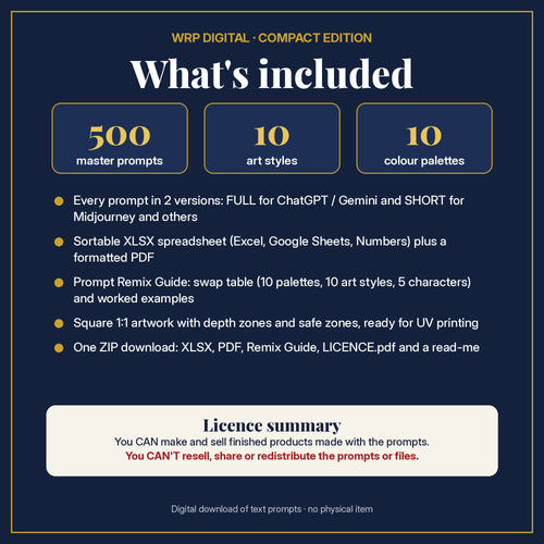 What's included in the Adult Romance Compact Edition Prompts: 500 master prompts, 10 art styles, 10 colour palettes, XLSX and PDF, Prompt Remix Guide and licence summary