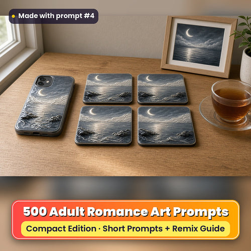 Adult Romance Compact Edition Prompts: realistic mockup, styled table set (phone case + 2x2 coasters + framed print), made with prompt #4