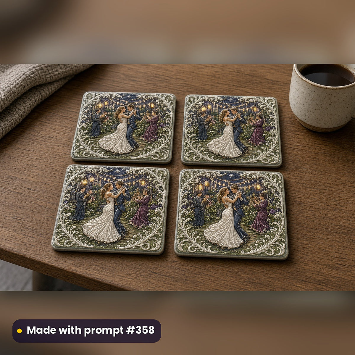 Adult Romance Compact Edition Prompts: realistic mockup, coaster set of 4 in 2x2 grid, made with prompt #358