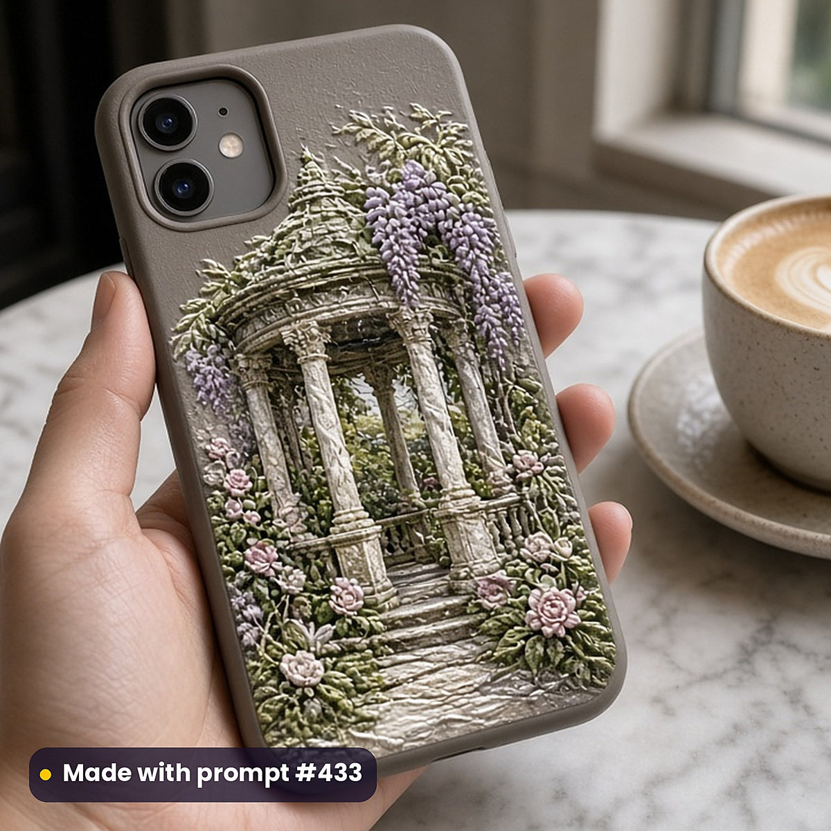 Adult Romance Compact Edition Prompts: realistic mockup, phone case in hand at cafe, made with prompt #433