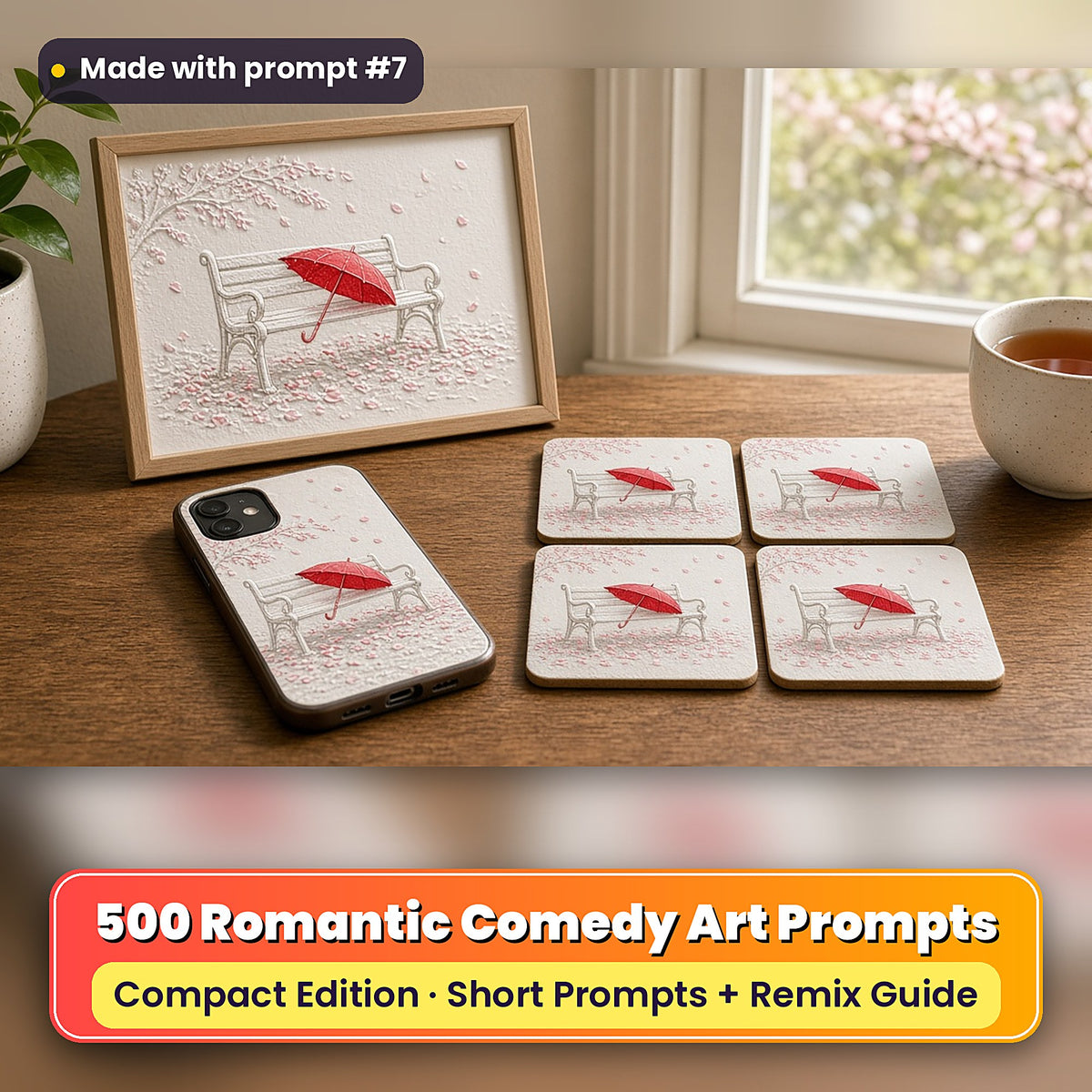 Romantic Comedy Compact Edition Prompts: realistic mockup, styled table set (phone case + 2x2 coasters + framed print), made with prompt #7