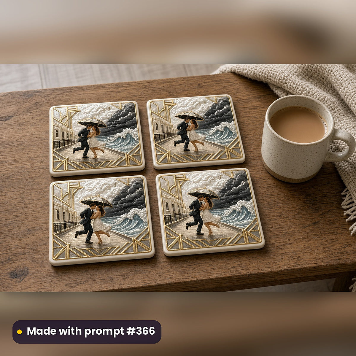 Romantic Comedy Compact Edition Prompts: realistic mockup, coaster set of 4 in 2x2 grid, made with prompt #366
