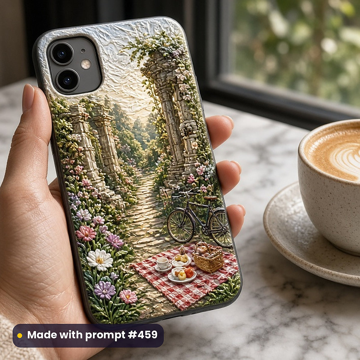 Romantic Comedy Compact Edition Prompts: realistic mockup, phone case in hand at cafe, made with prompt #459