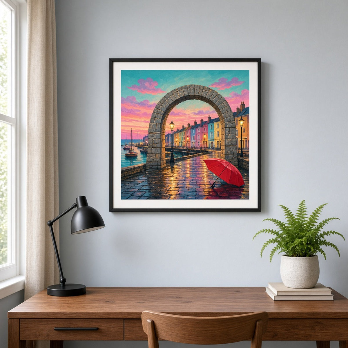 Stone archway opening onto a colourful harbour quayside at sunset with glowing streetlamps on wet cobbles and a red umbrella printed flat on a framed print in a home office, made with prompt #41