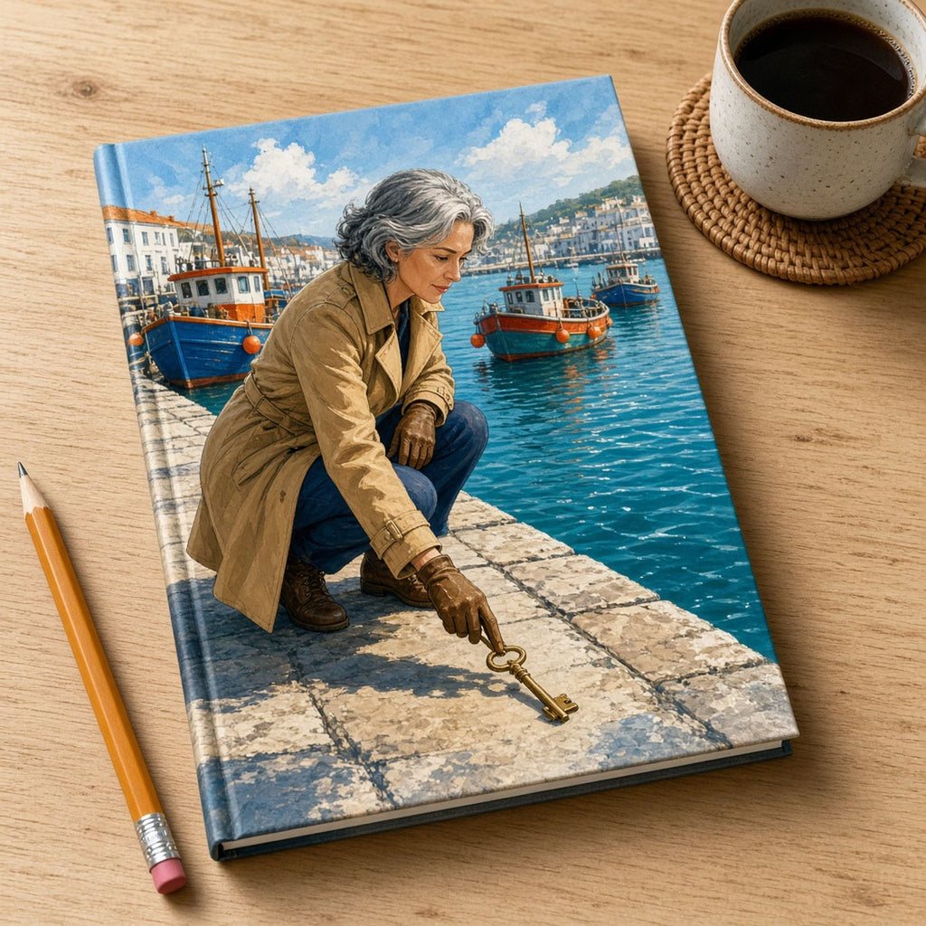 Illustrated grey-haired woman detective in a trench coat picking up a lost brass key on a sunny harbour pier printed flat on a notebook, made with prompt #227