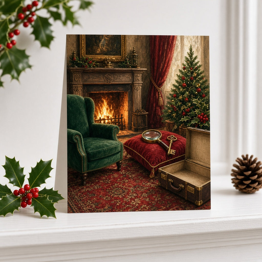 Winter hidden room with a fireplace, green velvet armchair, magnifying glass, brass key, open suitcase and a decorated fir tree printed flat on a greeting card, made with prompt #422