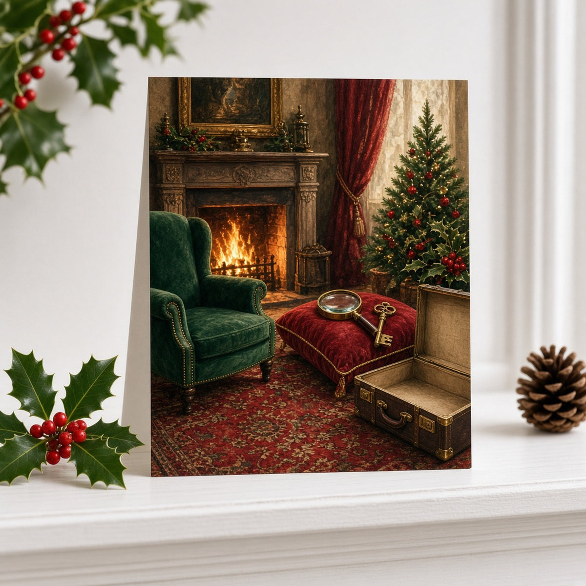 Winter hidden room with a fireplace, green velvet armchair, magnifying glass, brass key, open suitcase and a decorated fir tree printed flat on a greeting card, made with prompt #422