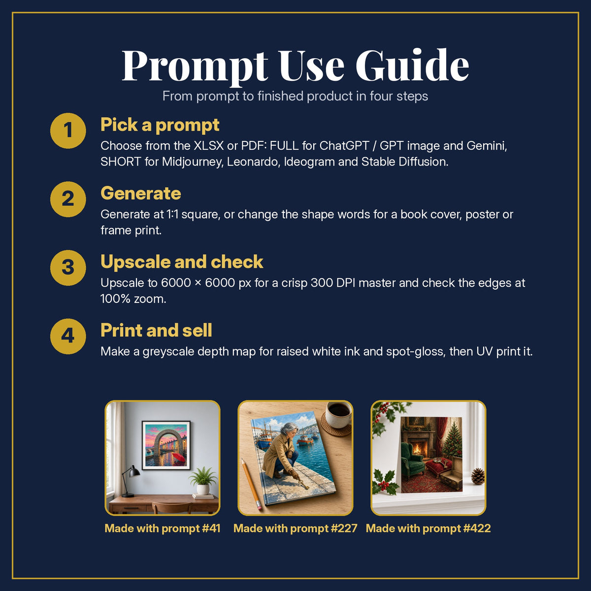 Prompt Use Guide for the Crime and Thriller Compact Edition Prompts: pick a prompt, generate, upscale and check, print and sell, with sample products made with the pack's prompts