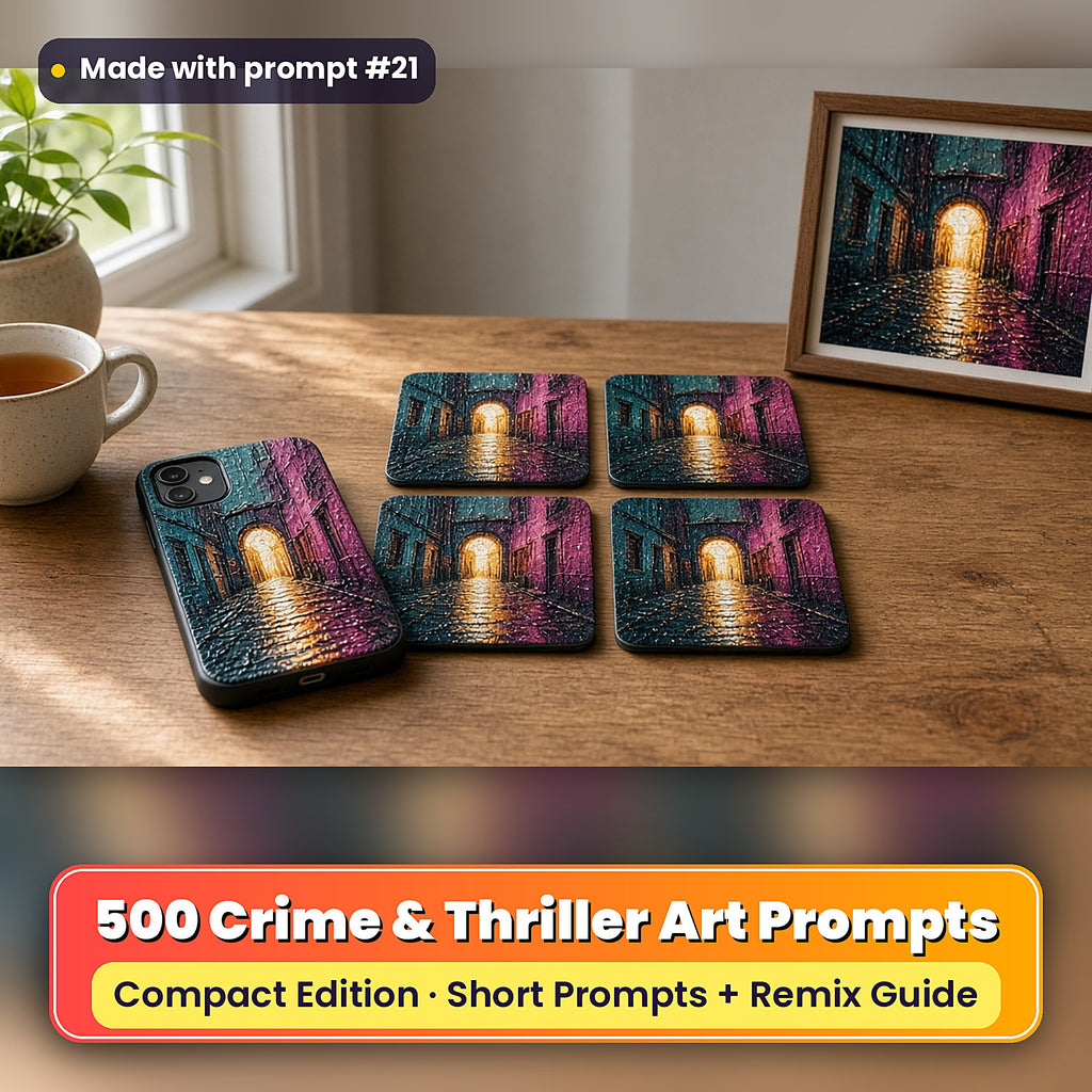 Crime and Thriller Compact Edition Prompts: realistic mockup, styled table set (phone case + 2x2 coasters + framed print), made with prompt #21