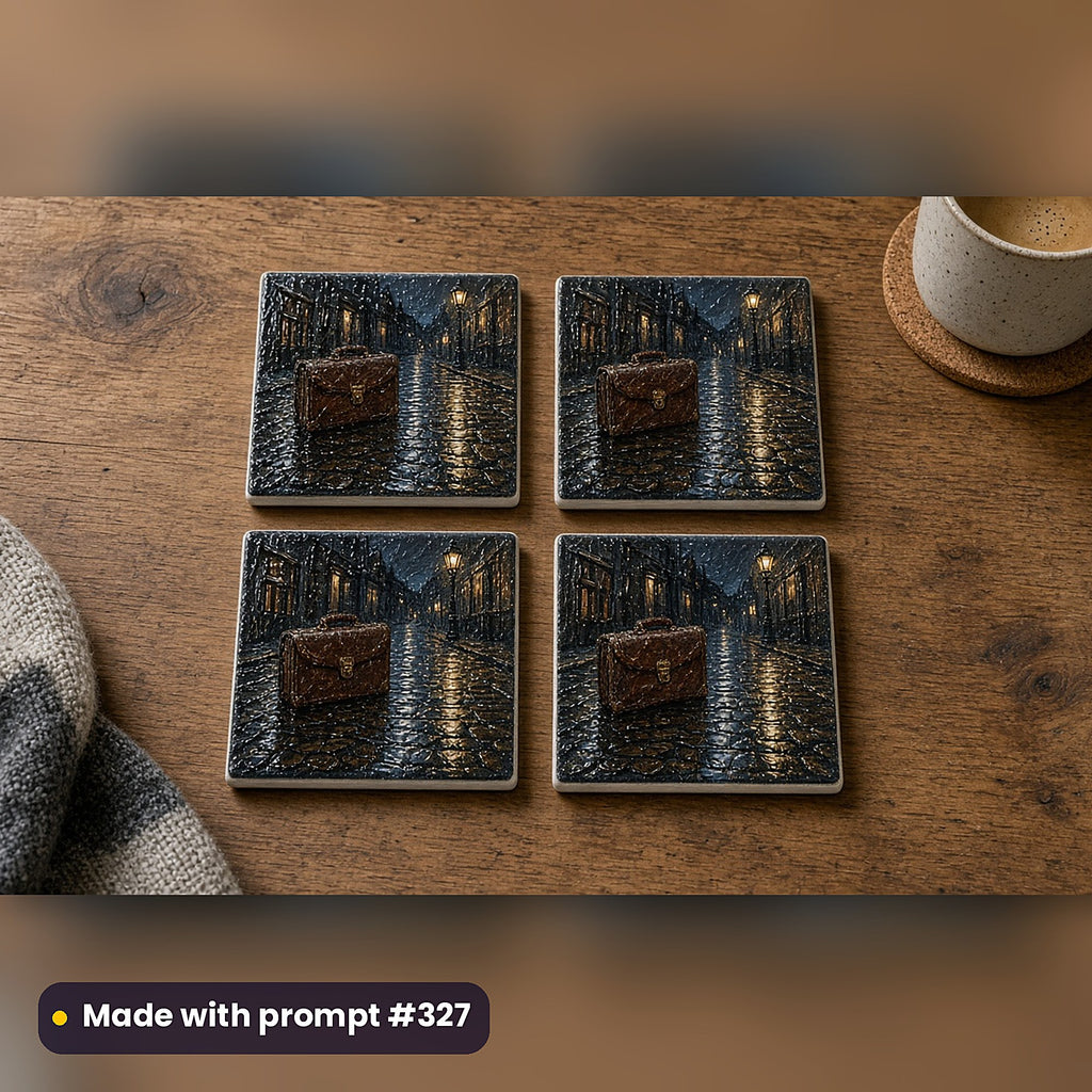 Crime and Thriller Compact Edition Prompts: realistic mockup, coaster set of 4 in 2x2 grid, made with prompt #327