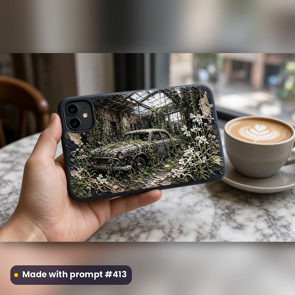 Crime and Thriller Compact Edition Prompts: realistic mockup, phone case in hand at cafe, made with prompt #413