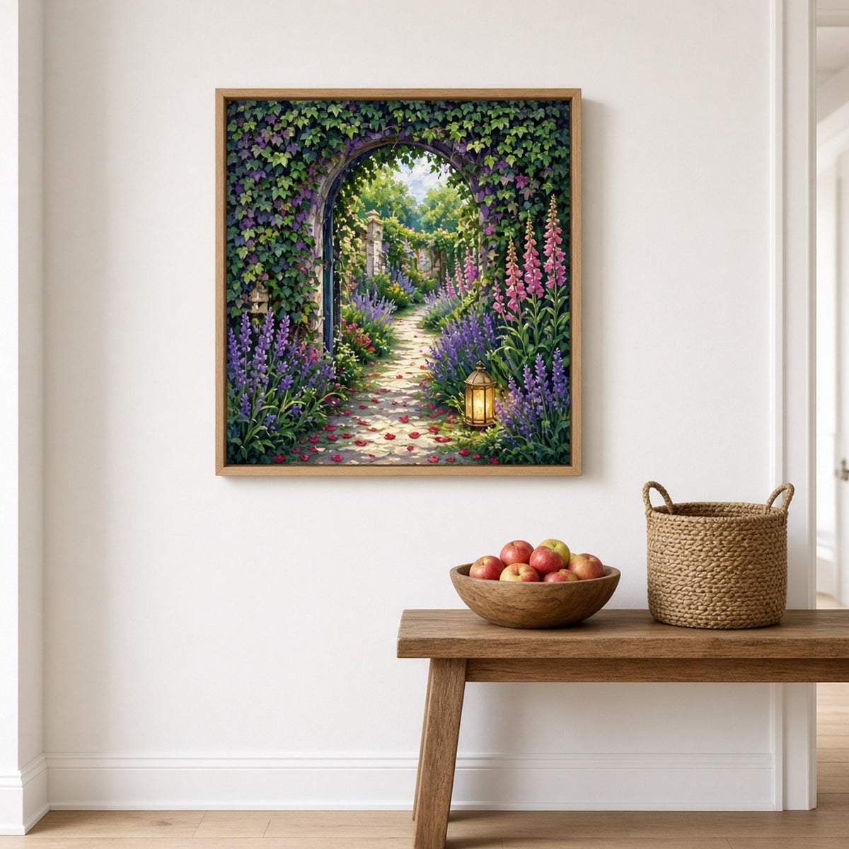 Ivy-covered garden archway opening onto a sunny walled garden of lavender and foxgloves with a petal-strewn path and a glowing lantern printed flat on a framed print in a hallway, made with prompt #41