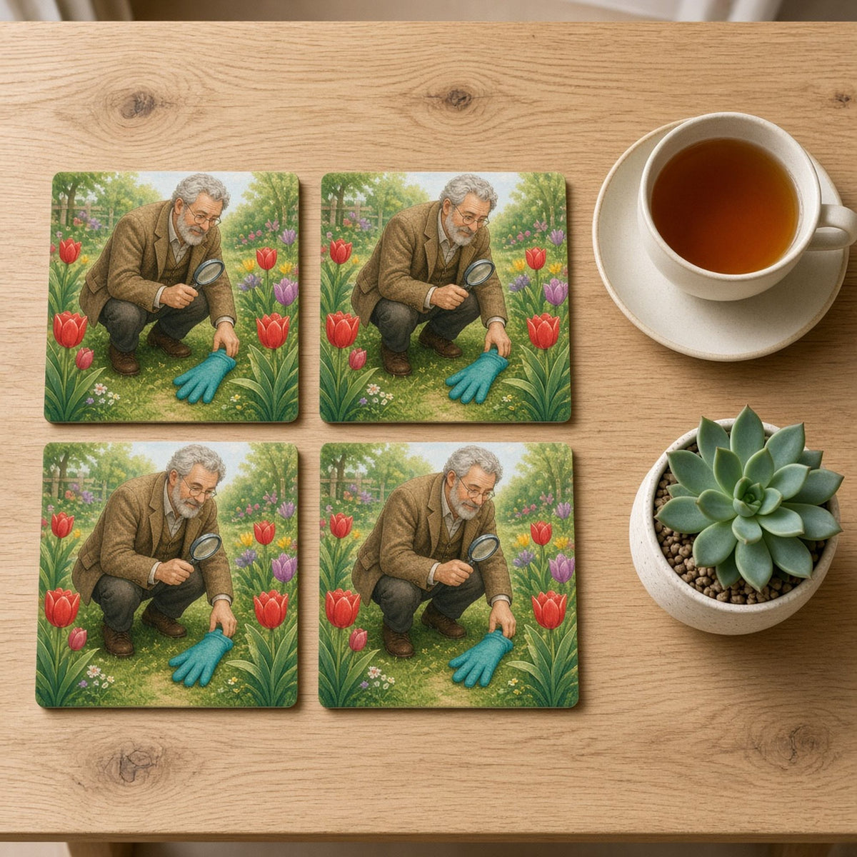 Illustrated grey-bearded man with a magnifying glass discovering a lost teal glove among red tulips printed flat on a set of 4 coasters, made with prompt #227