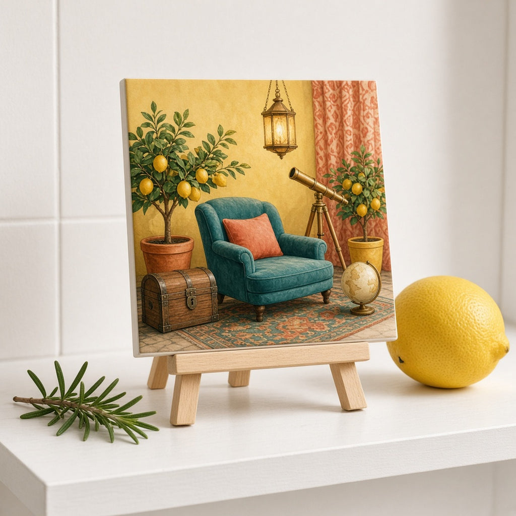 Summer hidden room with potted lemon trees, a teal velvet armchair, brass telescope, globe and a locked treasure chest printed flat on a ceramic tile, made with prompt #422