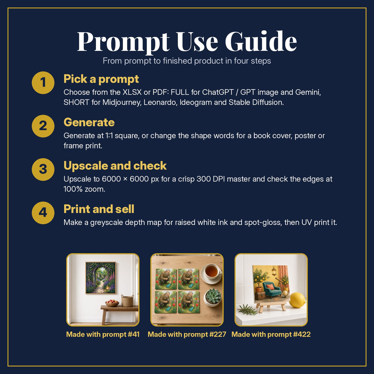 Prompt Use Guide for the Mystery and Detective Compact Edition Prompts: pick a prompt, generate, upscale and check, print and sell, with sample products made with the pack's prompts
