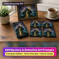 Mystery and Detective Compact Edition Prompts: realistic mockup, styled table set (phone case + 2x2 coasters + framed print), made with prompt #46