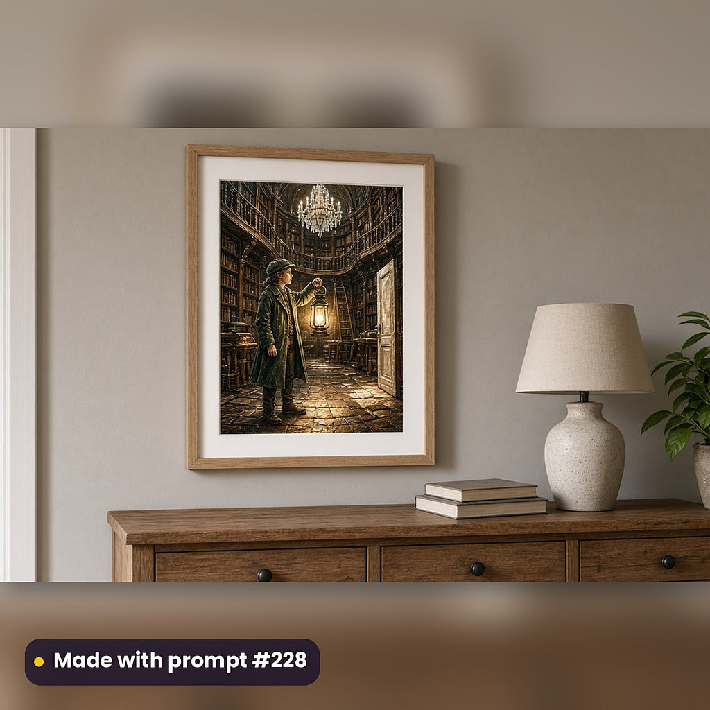 Mystery and Detective Compact Edition Prompts: realistic mockup, framed print on wall, made with prompt #228