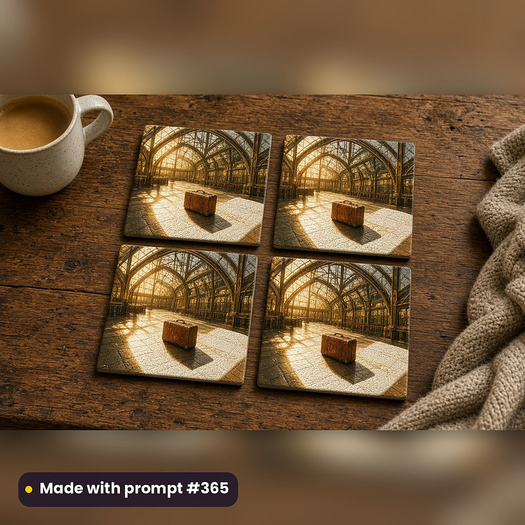 Mystery and Detective Compact Edition Prompts: realistic mockup, coaster set of 4 in 2x2 grid, made with prompt #365