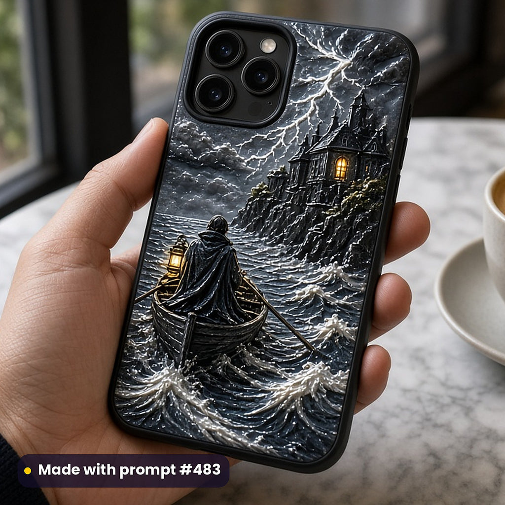 Mystery and Detective Compact Edition Prompts: realistic mockup, phone case in hand at cafe, made with prompt #483
