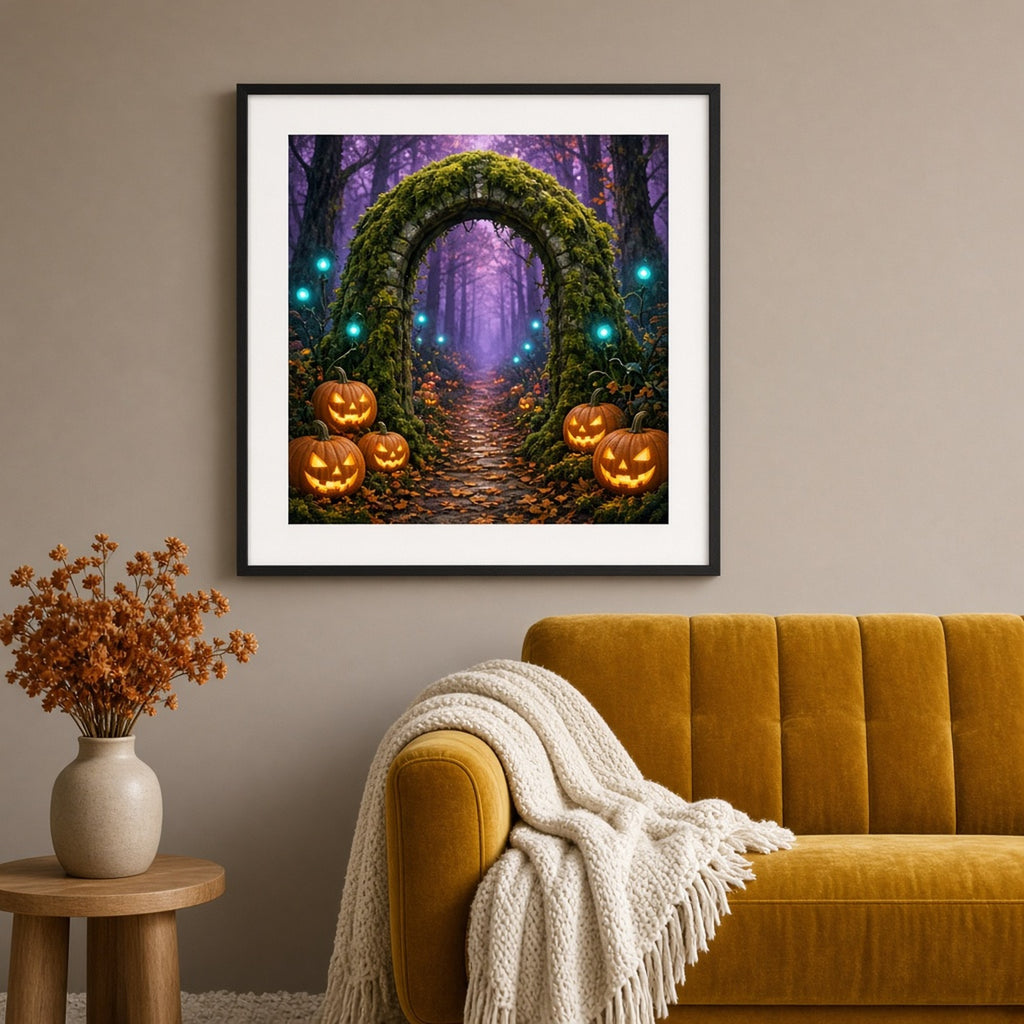 Mossy stone archway lined with glowing carved pumpkins opening onto a violet-misted autumn forest path with teal will-o'-the-wisp lights printed flat on a framed print in a living room, made with prompt #41