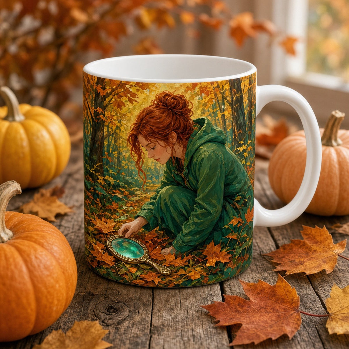 Illustrated red-haired woman in a green cloak finding a lost glowing antique hand mirror among autumn leaves printed flat on a mug, made with prompt #227