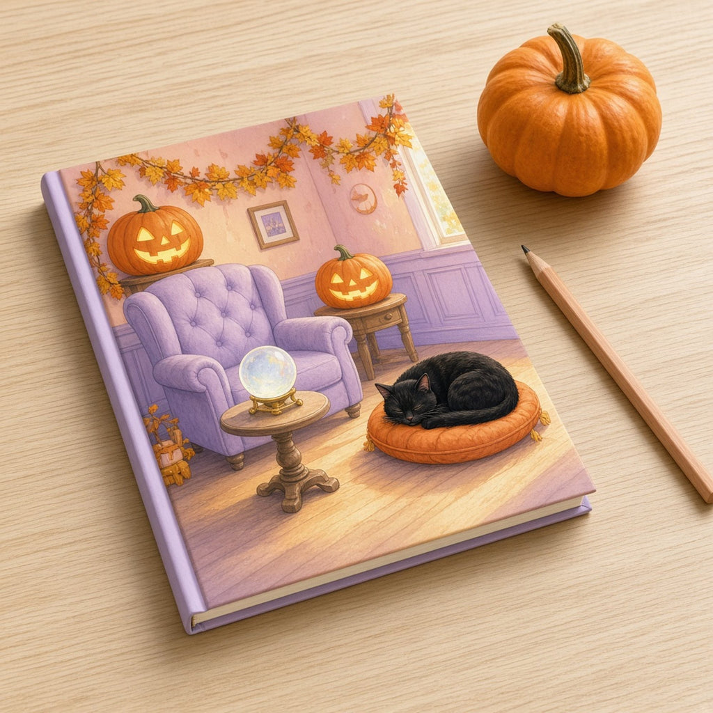 Halloween hidden parlour in lavender and peach with carved pumpkins, a crystal ball and a black cat on an orange cushion printed flat on a notebook, made with prompt #422