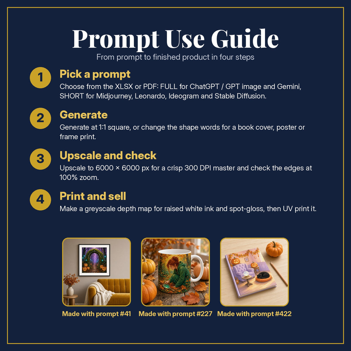 Prompt Use Guide for the Horror and Supernatural Compact Edition Prompts: pick a prompt, generate, upscale and check, print and sell, with sample products made with the pack's prompts