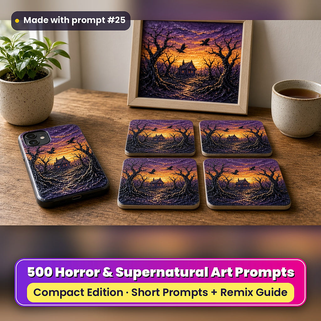 Horror and Supernatural Compact Edition Prompts: realistic mockup, styled table set (phone case + 2x2 coasters + framed print), made with prompt #25