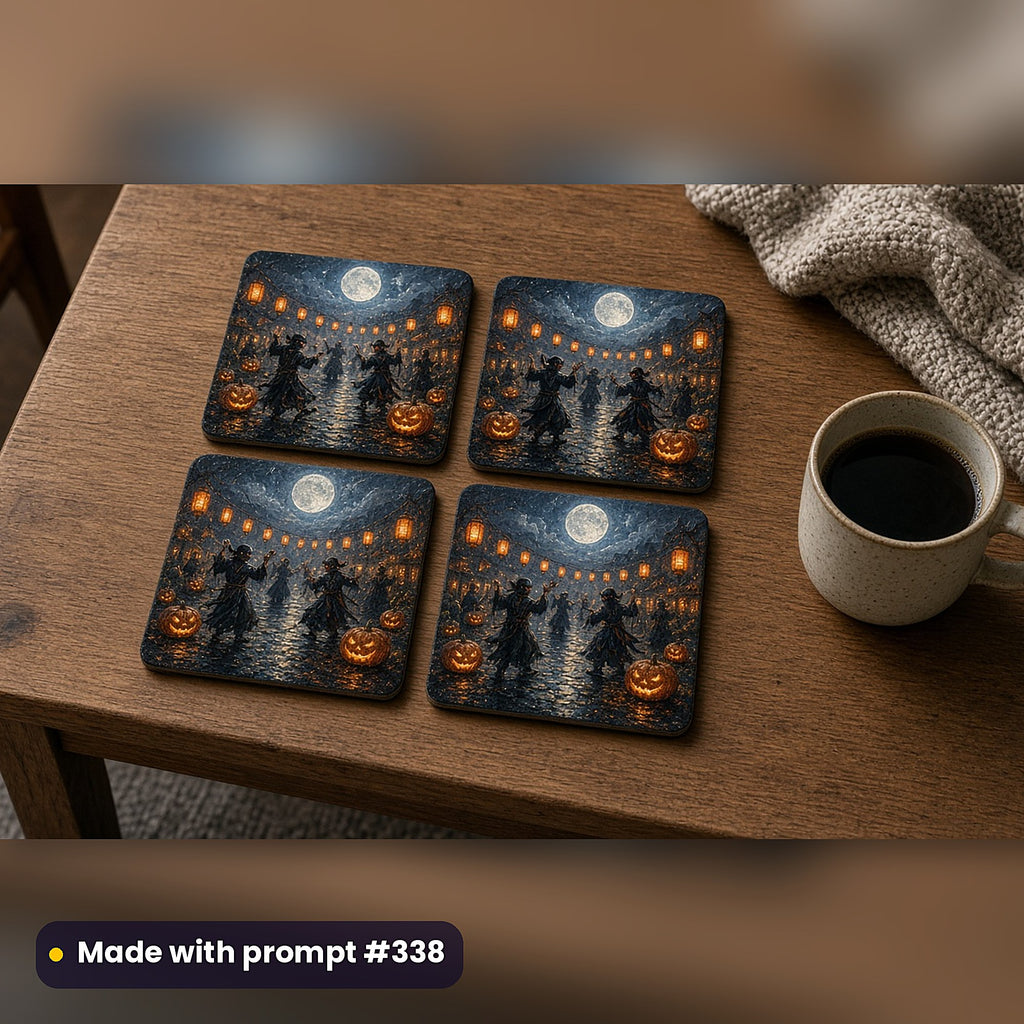 Horror and Supernatural Compact Edition Prompts: realistic mockup, coaster set of 4 in 2x2 grid, made with prompt #338