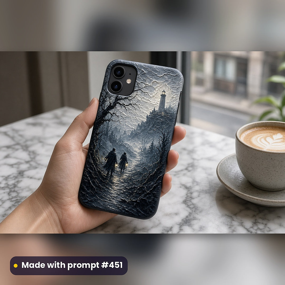 Horror and Supernatural Compact Edition Prompts: realistic mockup, phone case in hand at cafe, made with prompt #451