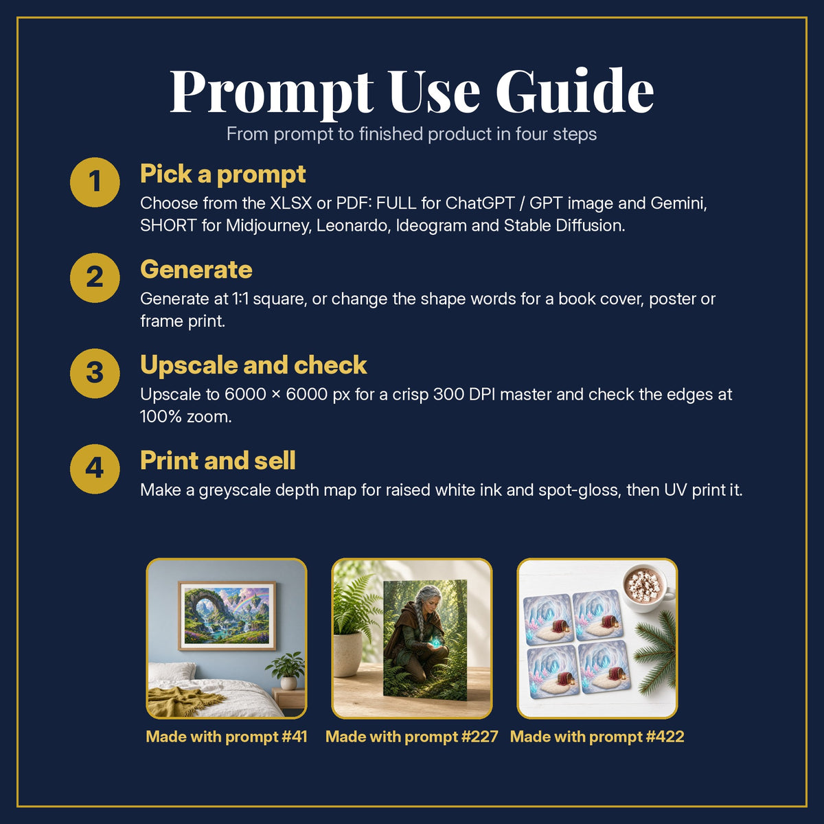 Prompt Use Guide for the Epic Fantasy Compact Edition Prompts: pick a prompt, generate, upscale and check, print and sell, with sample products made with the pack's prompts
