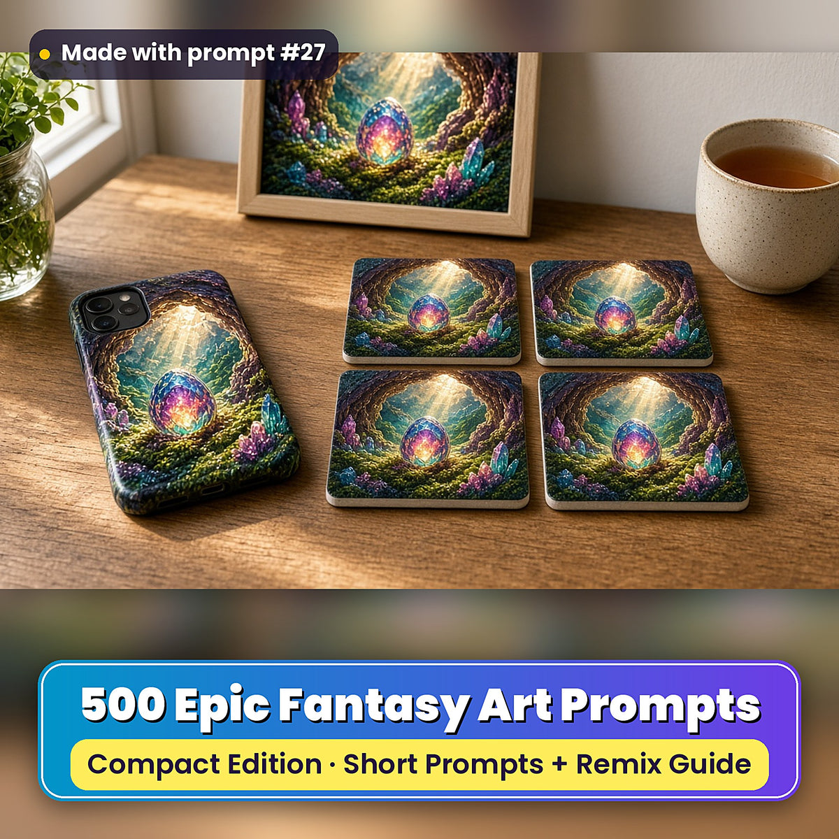 Epic Fantasy Compact Edition Prompts: realistic mockup, styled table set (phone case + 2x2 coasters + framed print), made with prompt #27