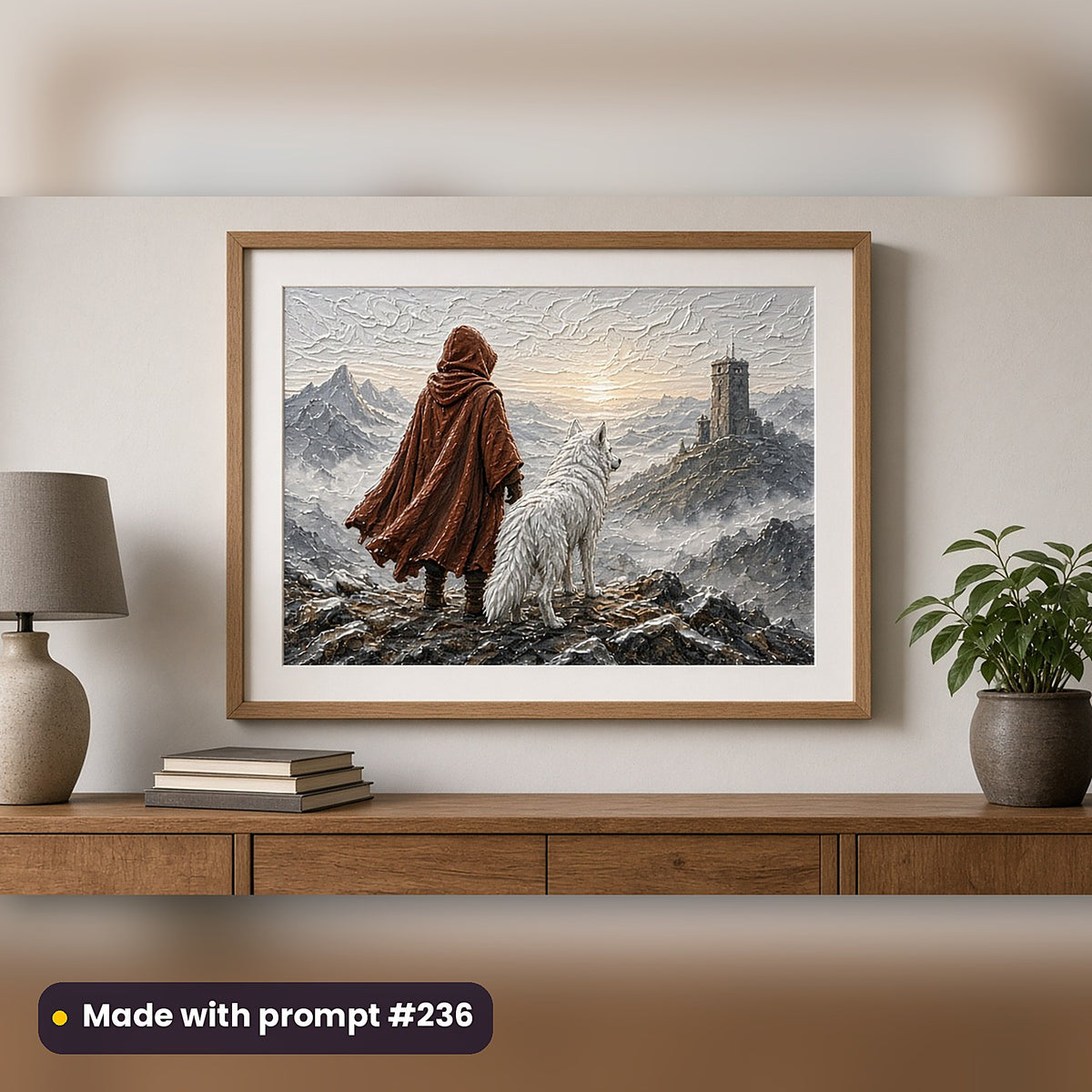 Epic Fantasy Compact Edition Prompts: realistic mockup, framed print on wall, made with prompt #236