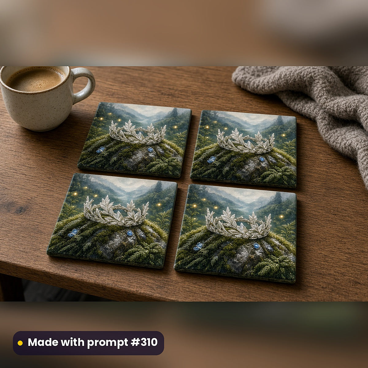 Epic Fantasy Compact Edition Prompts: realistic mockup, coaster set of 4 in 2x2 grid, made with prompt #310
