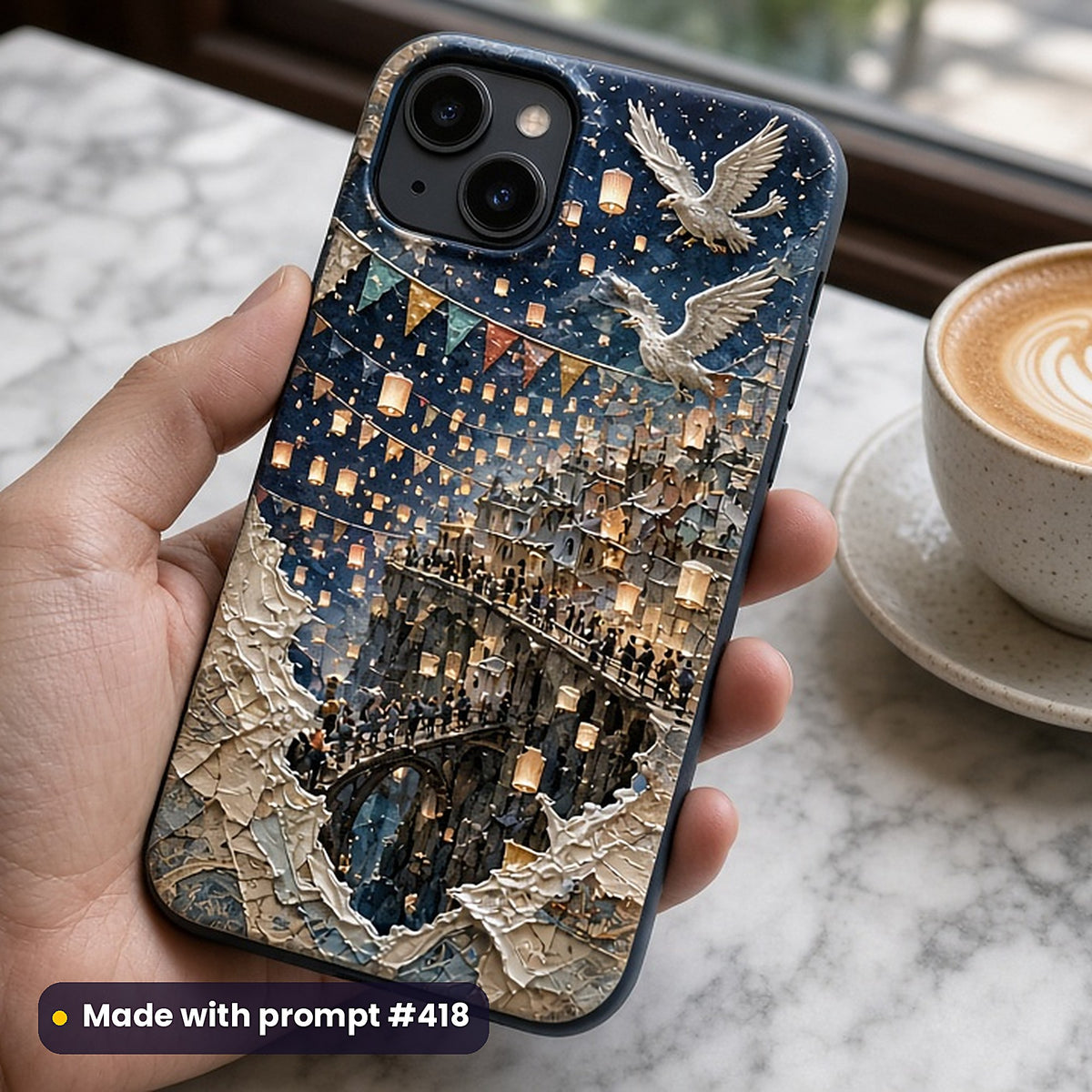 Epic Fantasy Compact Edition Prompts: realistic mockup, phone case in hand at cafe, made with prompt #418